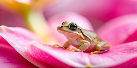 Tiny amphibian perched delicately on vibrant pink petals, a captivating close-up revealing intricate details of nature's artistry.