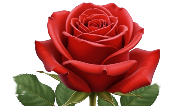 Vibrant Red Rose with Green Leaves on Transparent Background for Floral Decoration or Romantic Themes