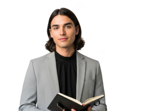 Professional business man holding notebook wearing blazer and black shirt png image for design projects isolated on transparent background