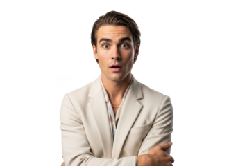 Surprised man in suit with shocked expression, portrait photography for commercial use and design elements isolated on transparent background