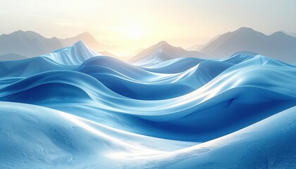Serene Abstract Landscape with Flowing Blue Waves and Distant Mountains at Sunrise