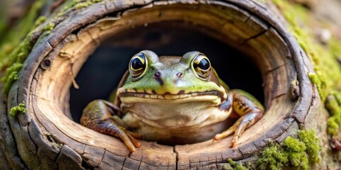 A curious amphibian peering from a hollowed log, its vibrant skin contrasting with the weathered wood