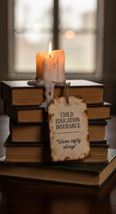 A candle burning on a stack of old books with an insurance tag