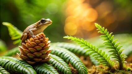 A tiny amphibian perched atop a miniature conifer cone, nestled within vibrant, verdant foliage bathed in the warm glow of sunlight