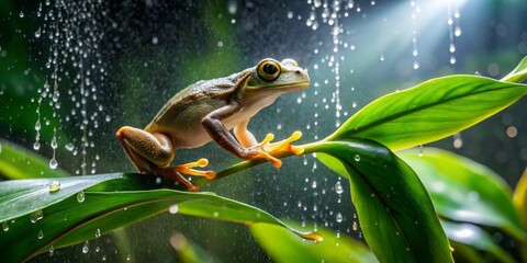 A vibrant green amphibian perched on lush foliage, rain droplets cascading around it, a tranquil scene of nature's beauty