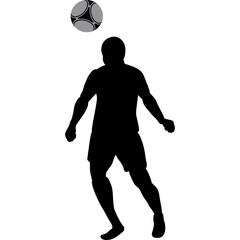 Silhouette of a male soccer player heading a gray and black soccer ball with a transparent background showcasing athletic movement and focus