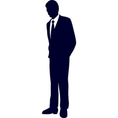 Silhouette of a man in a dark blue suit and tie standing with hands in pockets looking down against a white background