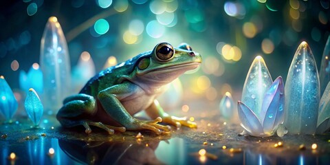 A Serene Green Frog Amidst Glimmering Crystalline Formations in a Magical, Dreamlike Setting