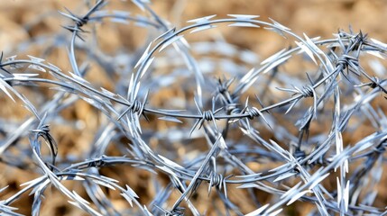 Close up of sharp barbed razor wire for security