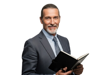 Professional senior businessman in suit holding a notebook writing notes isolated on transparent background png image stock photo isolated on transparent background