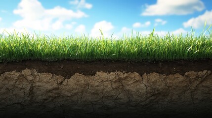 Cross Section of Earth Showing Grass and Soil Layers Beneath a Blue Sky