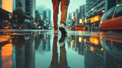 Back view of a person walking on a flooded street, reflections shimmering on water, symbolizing solitude, journey, resilience, and the quiet beauty of urban rain.