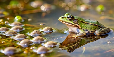 A solitary amphibian rests serenely amidst a cluster of amphibian eggs floating on the tranquil surface of a pond