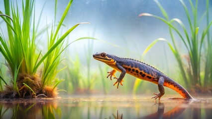 A vibrant amphibian emerges from tranquil waters, its striking orange and black markings contrasting against the lush green aquatic vegetation.