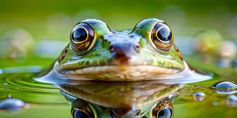 Close-up of a green amphibian's face partially submerged in a tranquil body of water, its reflection mirroring its gaze