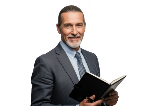 Professional senior businessman in suit holding a notebook writing notes isolated on transparent background png image stock photo isolated on transparent background - Powered by Adobe