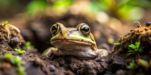 Close-up of a frog resting in the earth among seedlings, exhibiting remarkable detail in its eyes and skin