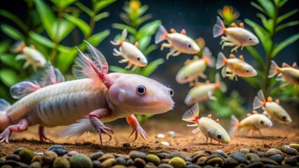 Albino axolotl ambling through a vibrant underwater world, surrounded by a school of lively, pale-colored fish, resting on a bed of smooth pebbles