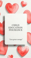 A white card with Child Education Insurance text and red heart designs