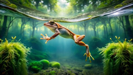 A vibrant amphibian gracefully navigating a sun-dappled underwater forest scene, surrounded by lush aquatic vegetation