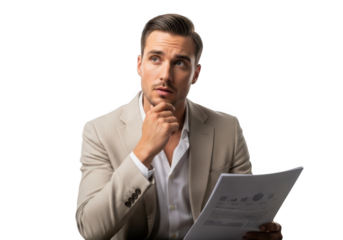 Pensive businessman holding document looking upward in contemplation, thoughtful male executive analyzing report, isolated on transparent background