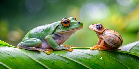 A large green tree frog and a smaller striped frog sit on a vibrant green leaf, facing each other in a serene jungle setting.