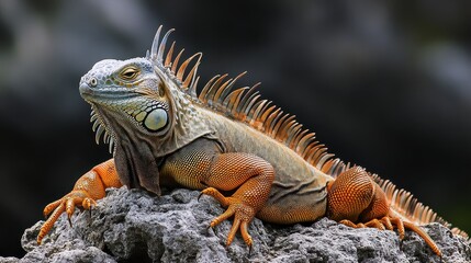 Obraz premium Detailed iguana lizard basking on a textured rock under sunlight