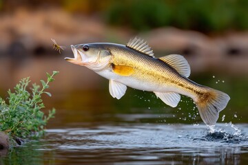 Largemouth bass jumping to catch a wasp above water