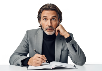 Mature businessman writing in notebook with pen, looking surprised and thoughtful, png image, isolated on transparent background