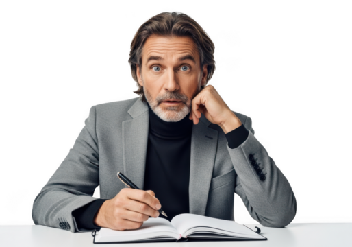 Mature businessman writing in notebook with pen, looking surprised and thoughtful, png image, isolated on transparent background