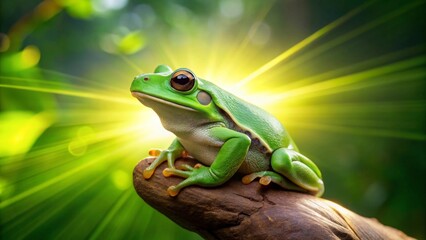 A Vibrant Green Tree Frog Basking in the Warm Sunlight on a Dark Brown Branch, Surrounded by Lush Green Foliage