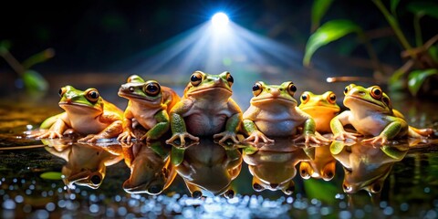 Five vibrant amphibians posing majestically in a tranquil pool, illuminated by a soft light source, creating a captivating and serene scene.