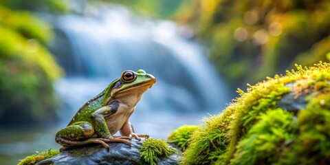 Serene amphibian perched on moss-covered rock beside a cascading waterfall, enjoying the tranquil natural environment