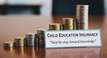Coins stacked near a sign displaying Child Education Investment