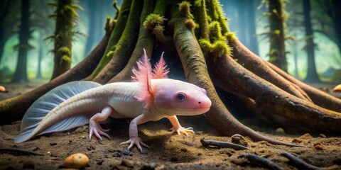 Albino axolotl gracefully navigating an underwater root system, exhibiting its delicate features and translucent gills in a serene aquatic environment.