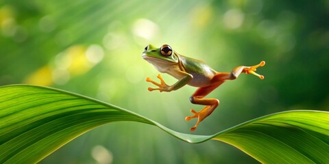 Vibrant Green Frog Leaping Gracefully Across Lush Tropical Foliage in a Sunlit Forest