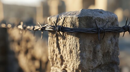 Barbed wire wrapped around weathered stone pillar detail