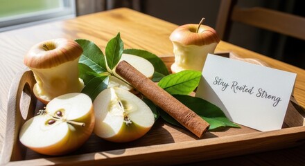 Fresh Apples and Cinnamon on Wooden Tray with Green Leaves