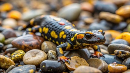 Close-up view of a fire salamander amidst smooth, colorful pebbles, showcasing intricate details of its skin and environment.