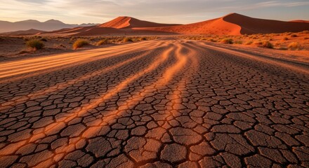 Desert landscape showing cracked earth and sand dunes in orange light