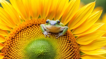 A vibrant green amphibian perched serenely atop a sun-kissed sunflower, its bright eyes reflecting the golden rays