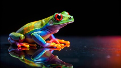 Vibrant Amphibian Posing on Reflective Surface with Striking Coloration and Vivid Red Eyes