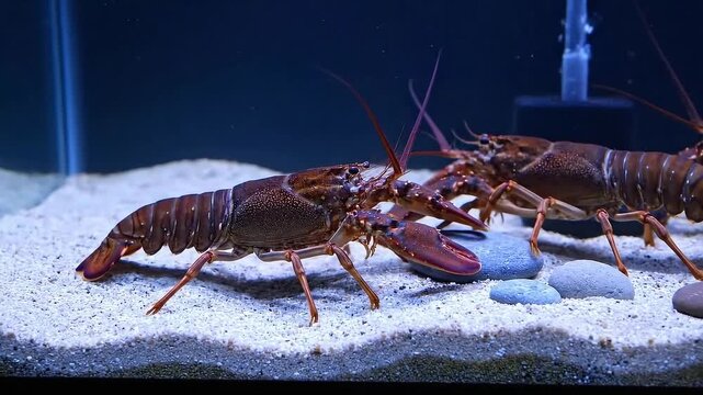 Close Up of Two Spiny Lobster in an Aquarium with Clean Sand Substrate and Dark Background Lighting Displaying Their Claws and Complex Anatomy for Seafood or Educational Concept