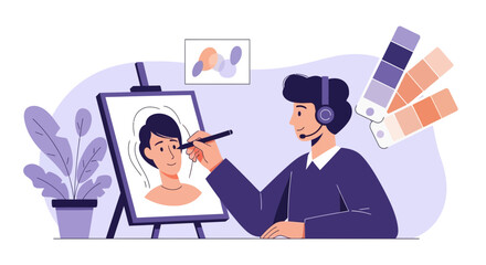 Graphic designer working on a portrait illustration with color palettes and headphones