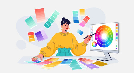 Graphic Designer Working with Color Palette and Computer Display for Creative Work