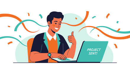 Happy Professional Man Approves Project Submission on Computer Screen and Gives Thumbs Up