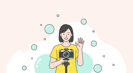 Illustrated woman holding a camera waving at the audience for a video blog vlog broadcast