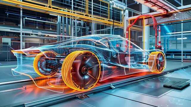 Wireframe car in factory assembly line