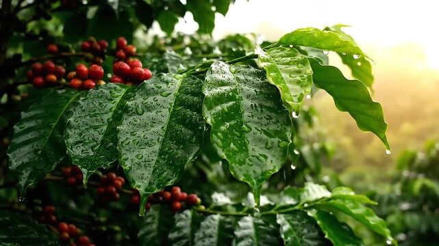 Close Up of Wet Coffee Plant Leaves and Berries at a Coffee Farm with Morning Sunlight Dew Droplets on Green Leaves Red Berries and Blurred Background at a Plantation Farm Location