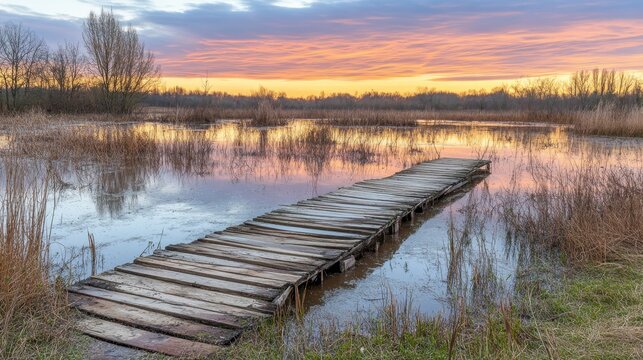 Old wooden pier extending into a calm lake at sunset